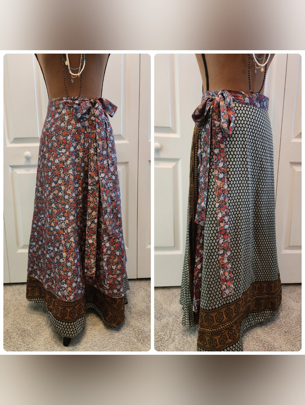 Celina Boho Made In India Floral & Geo Wrap Maxi Skirt - Red Floral